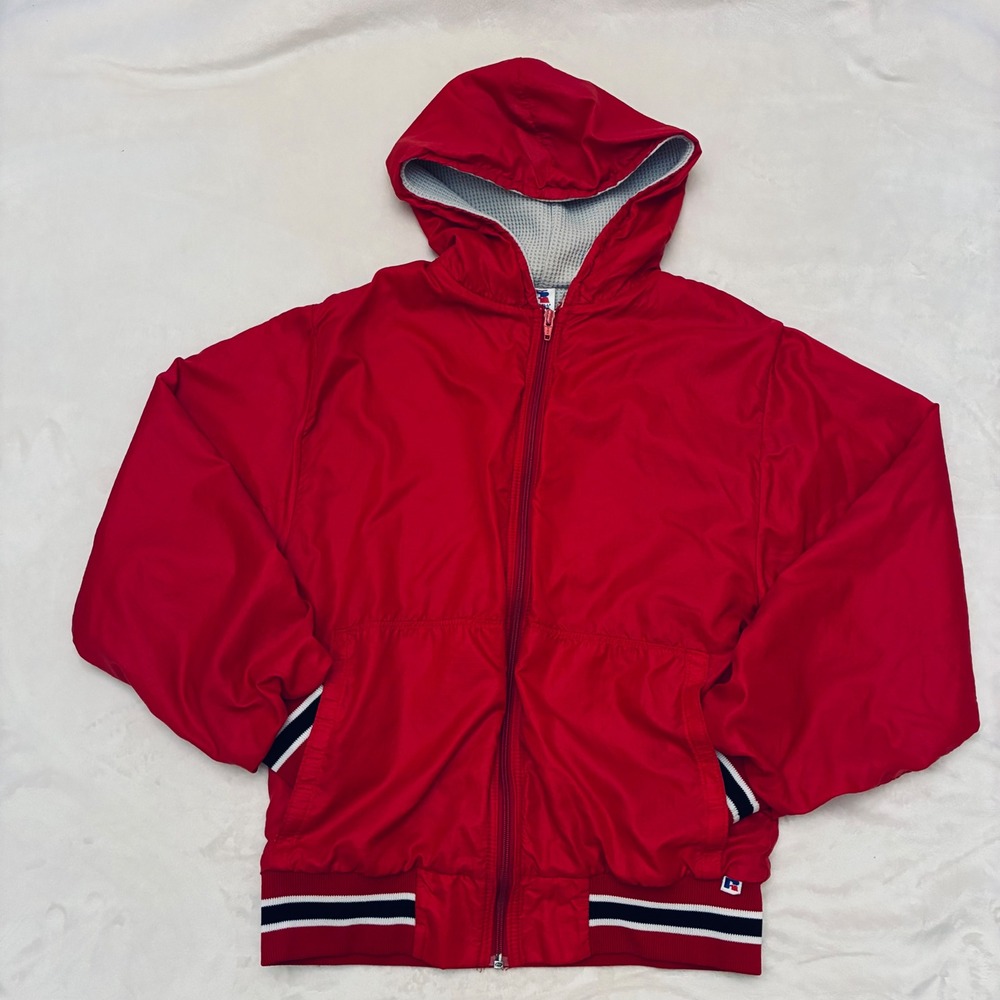 Vintage‎ Russell Athletic Red Thermal Lined Hooded Bomber Jacket Men Small USA